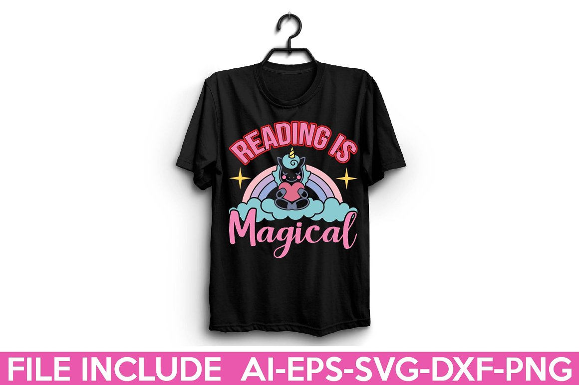 Black t-shirt with the lettering "Reading is magical".