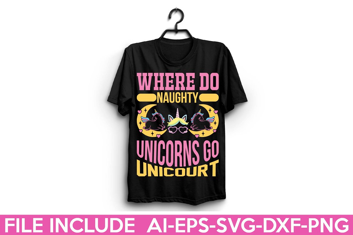Black t-shirt with the lettering "Where do naughty unicorns go unicourt".