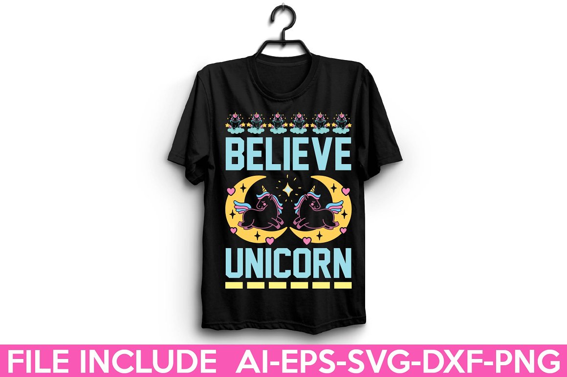 Black t-shirt with the lettering "Believe unicorn".