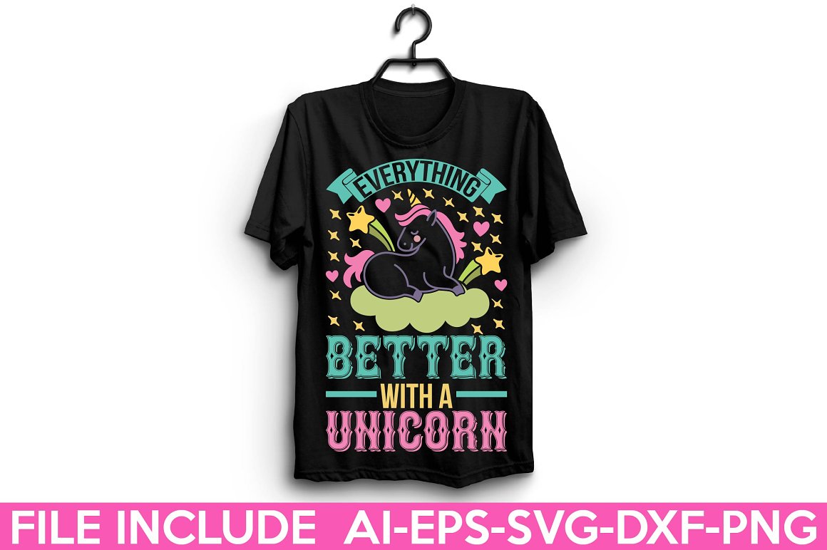 Black t-shirt with the lettering "Everything better with a unicorn".