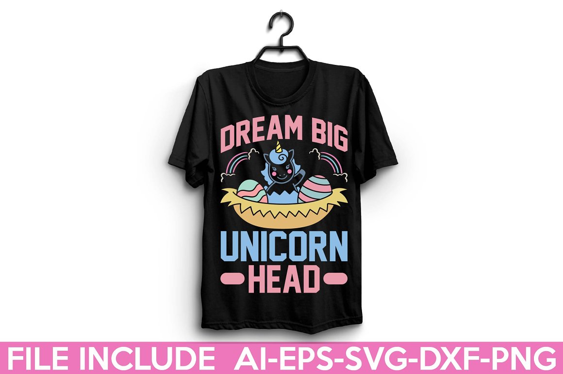 Black t-shirt with the lettering "Dream big unicorn head".