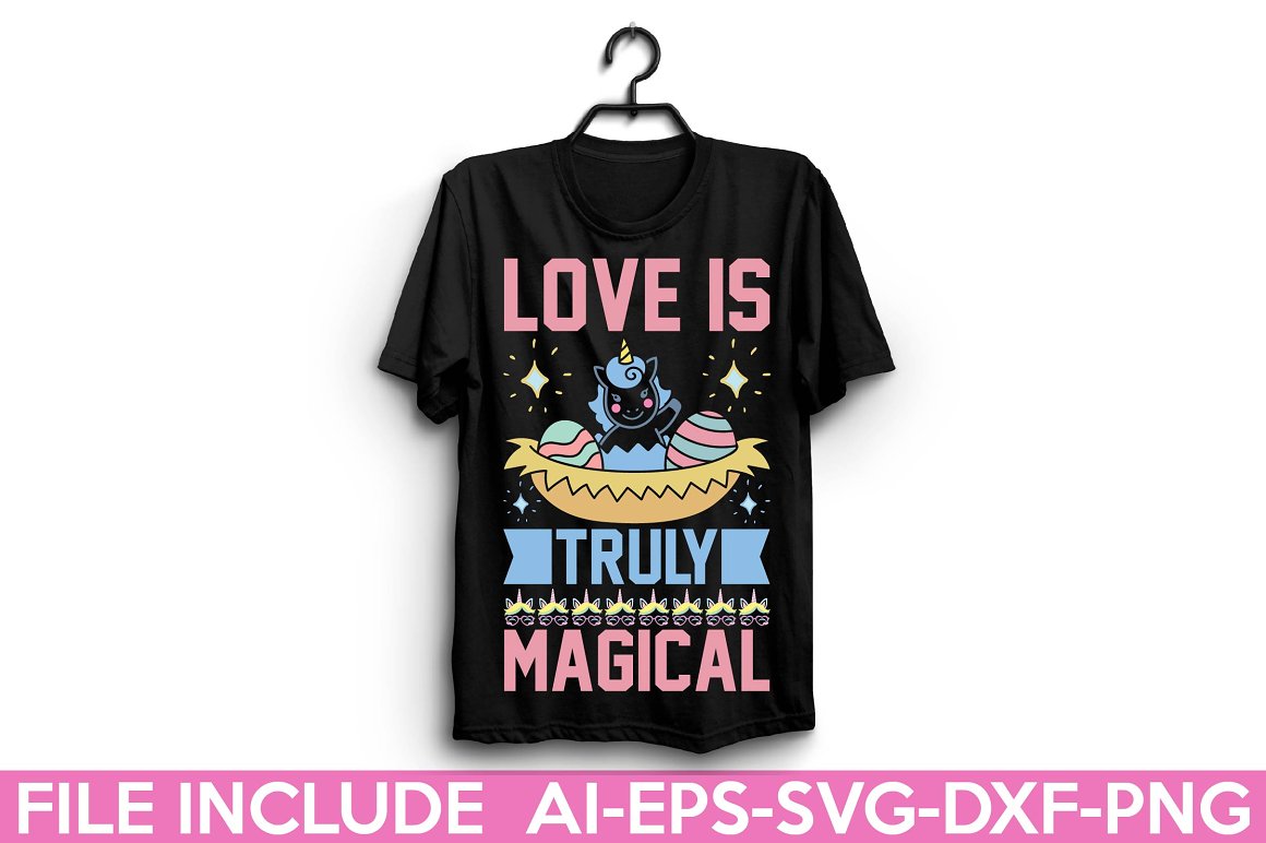 Black t-shirt with the lettering "Love is truly magical".