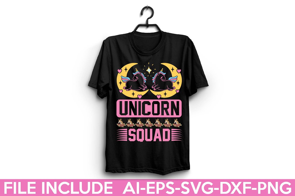 Black t-shirt with the lettering "Unicorn squad".