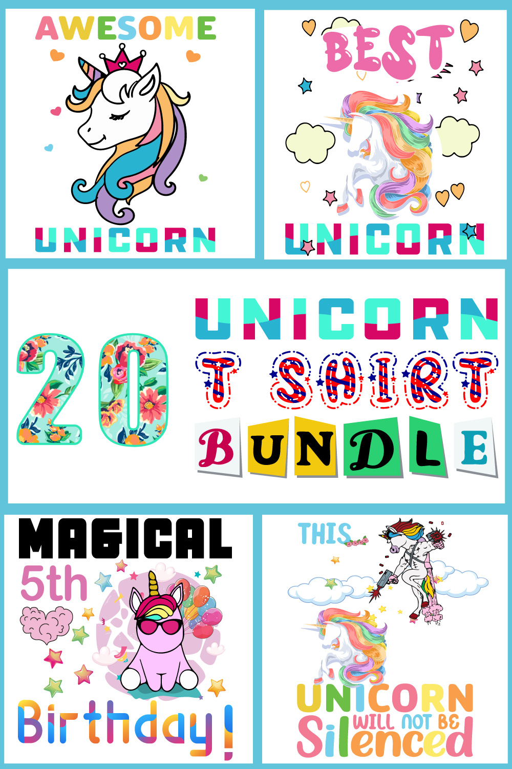 Kids Trendy Unicorn T-shirt Design Bundle Pinterest image.