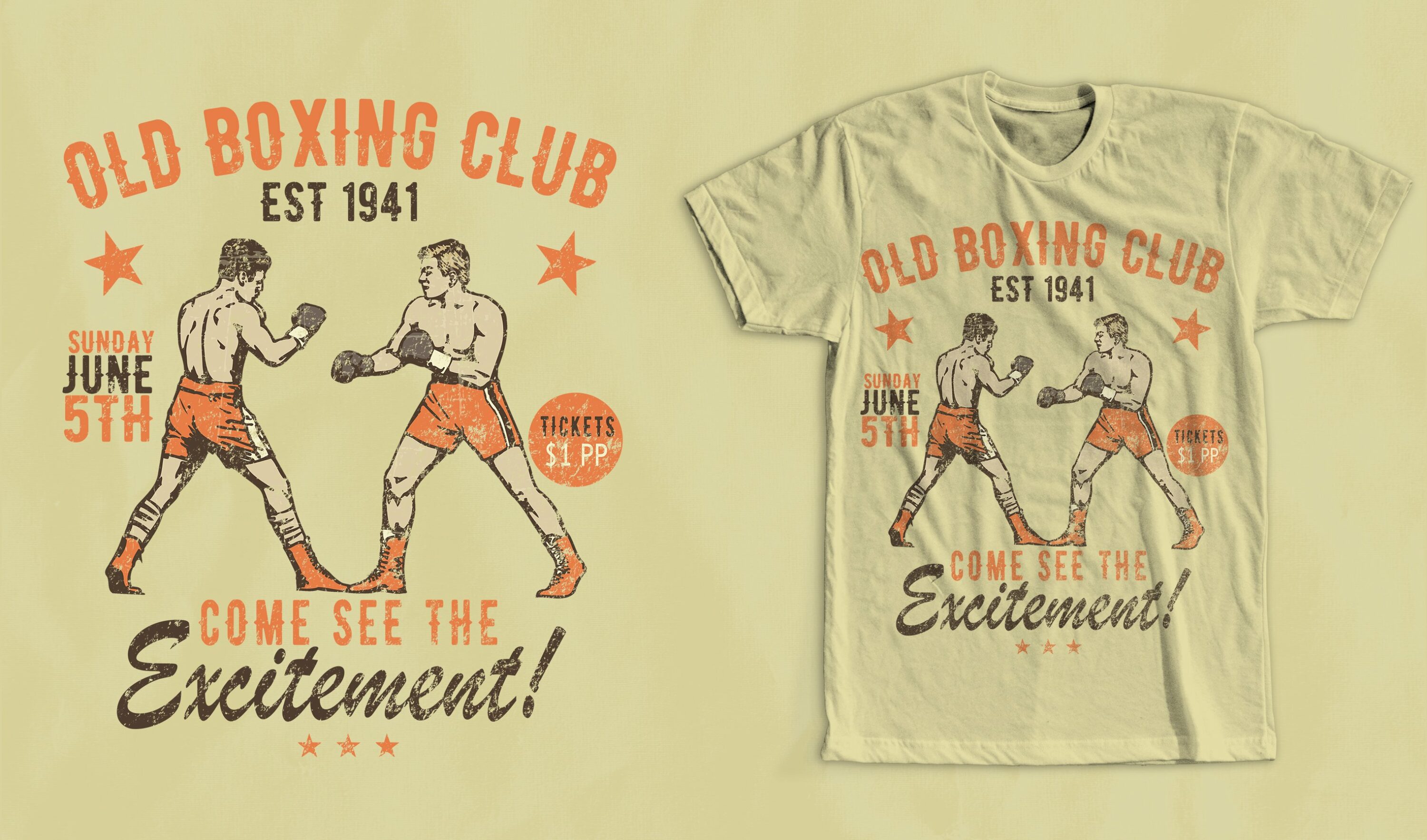 Classic t-shirt style with a boxing illustration.
