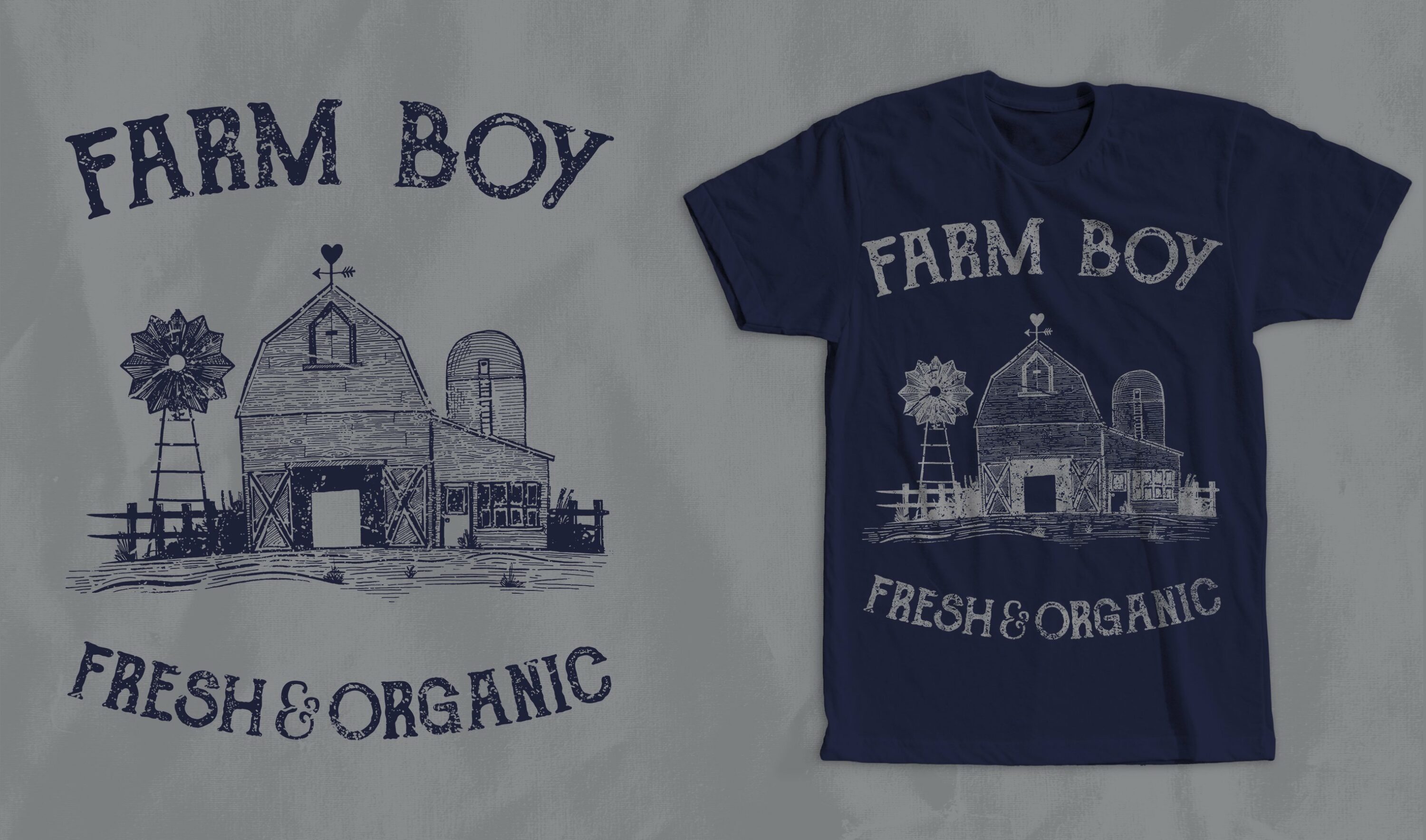 Blue t-shirt with a vintage farm illustration.