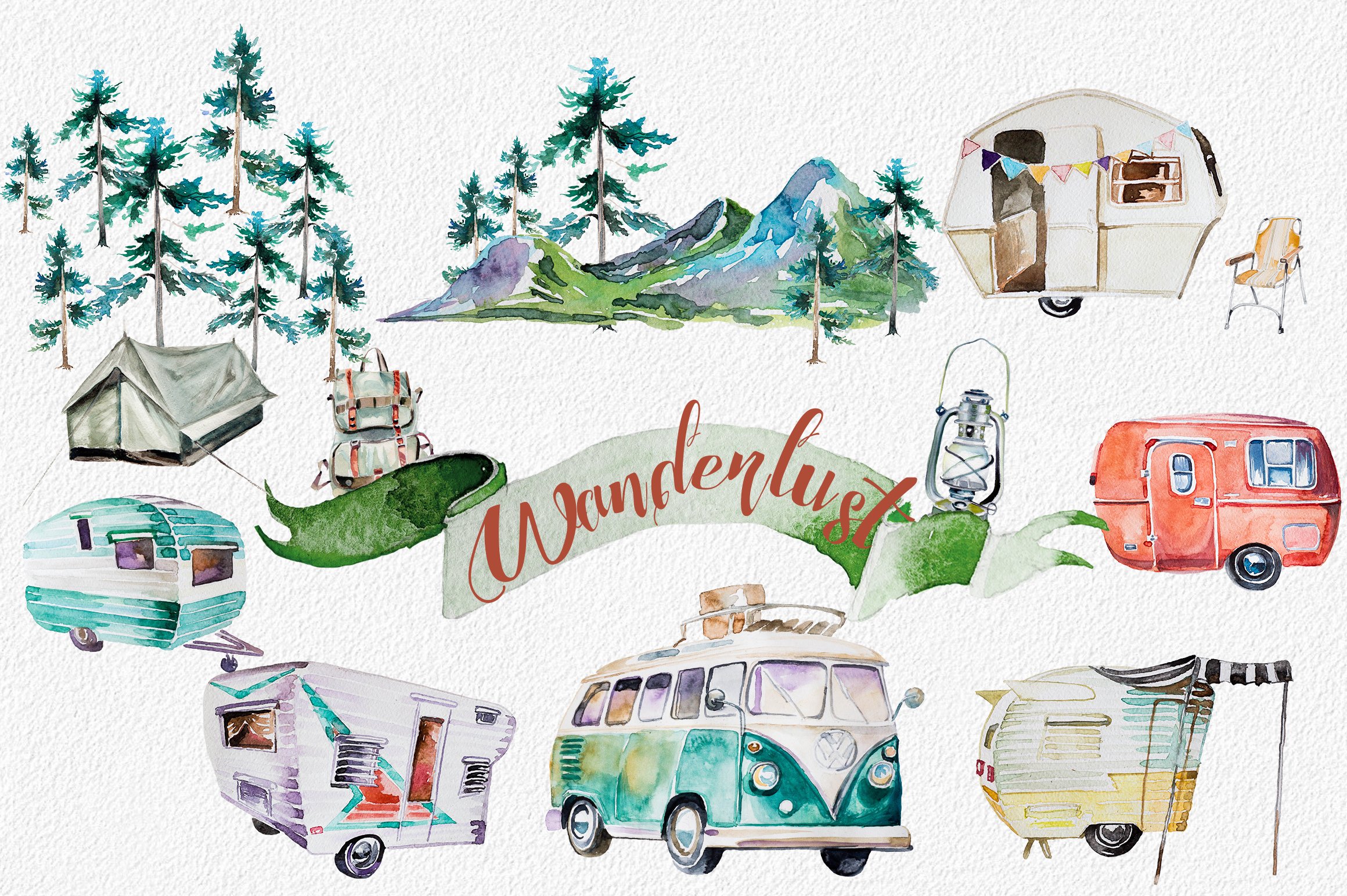 Cool watercolor elements for camping illustration.