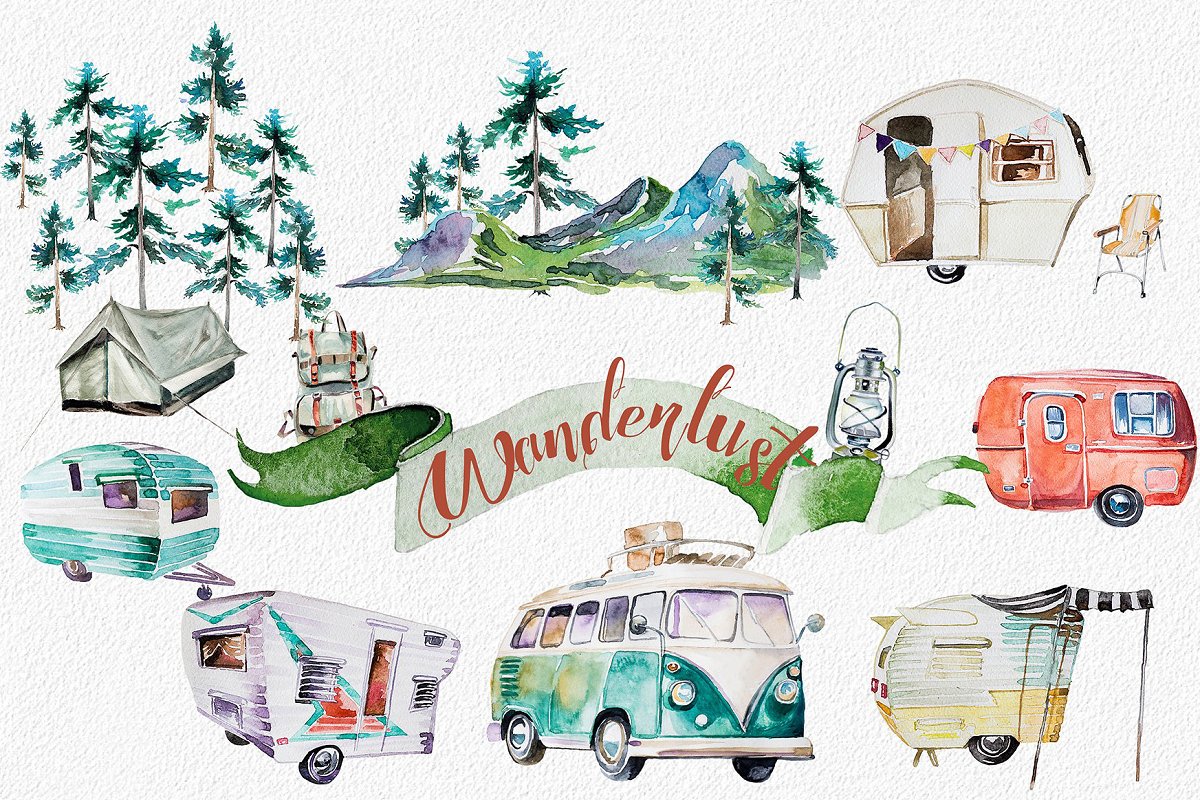 Cover image of Watercolor Wanderlust Clipart Set.