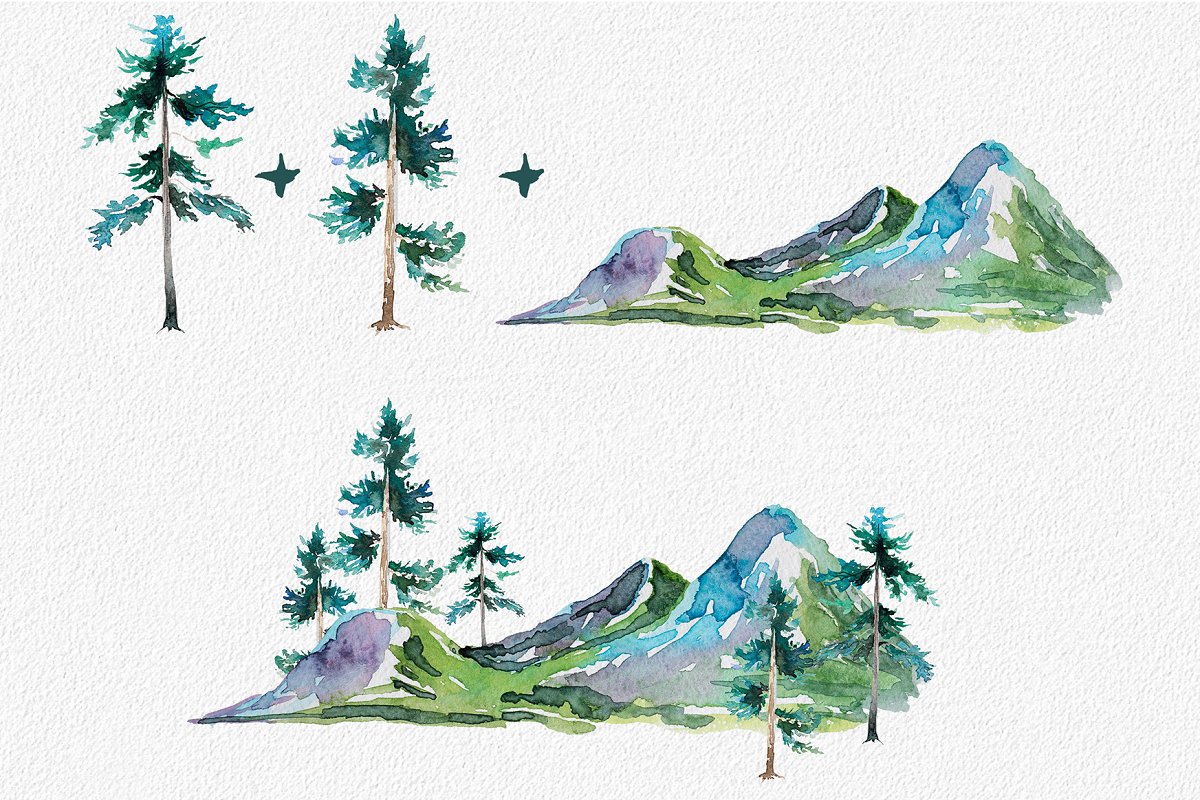 Watercolor mountains elements.