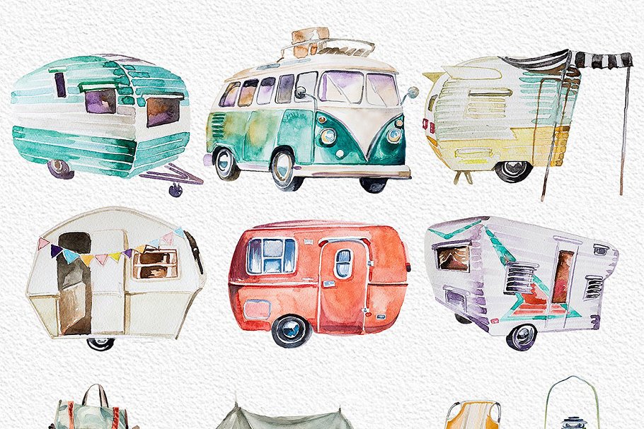 Watercolor camping buses.