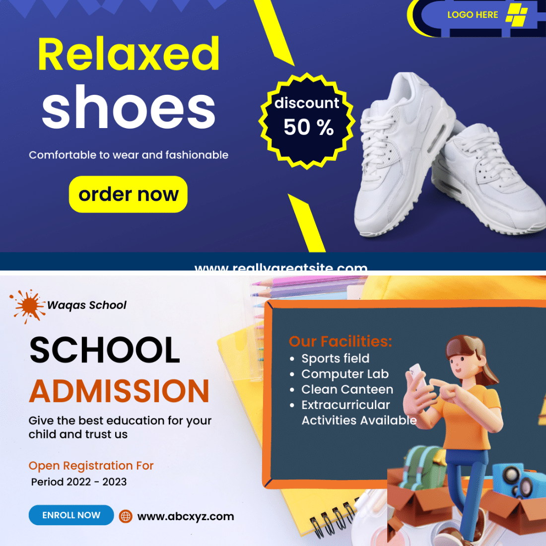 15+ Facebook Ads for Business, Schools and Shoes Store facebook image.