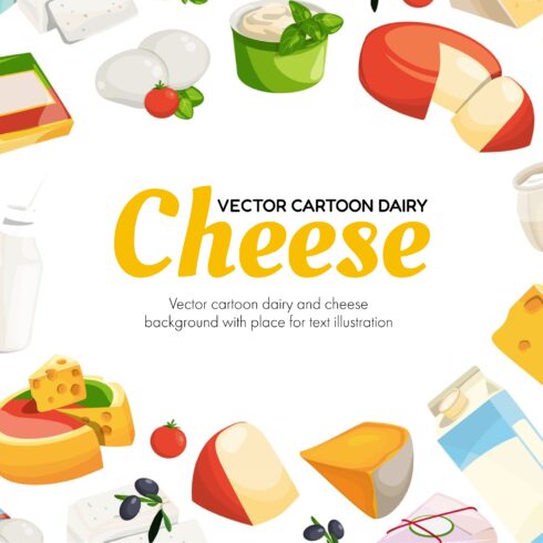 Cover from images of milk and different types of cheese.
