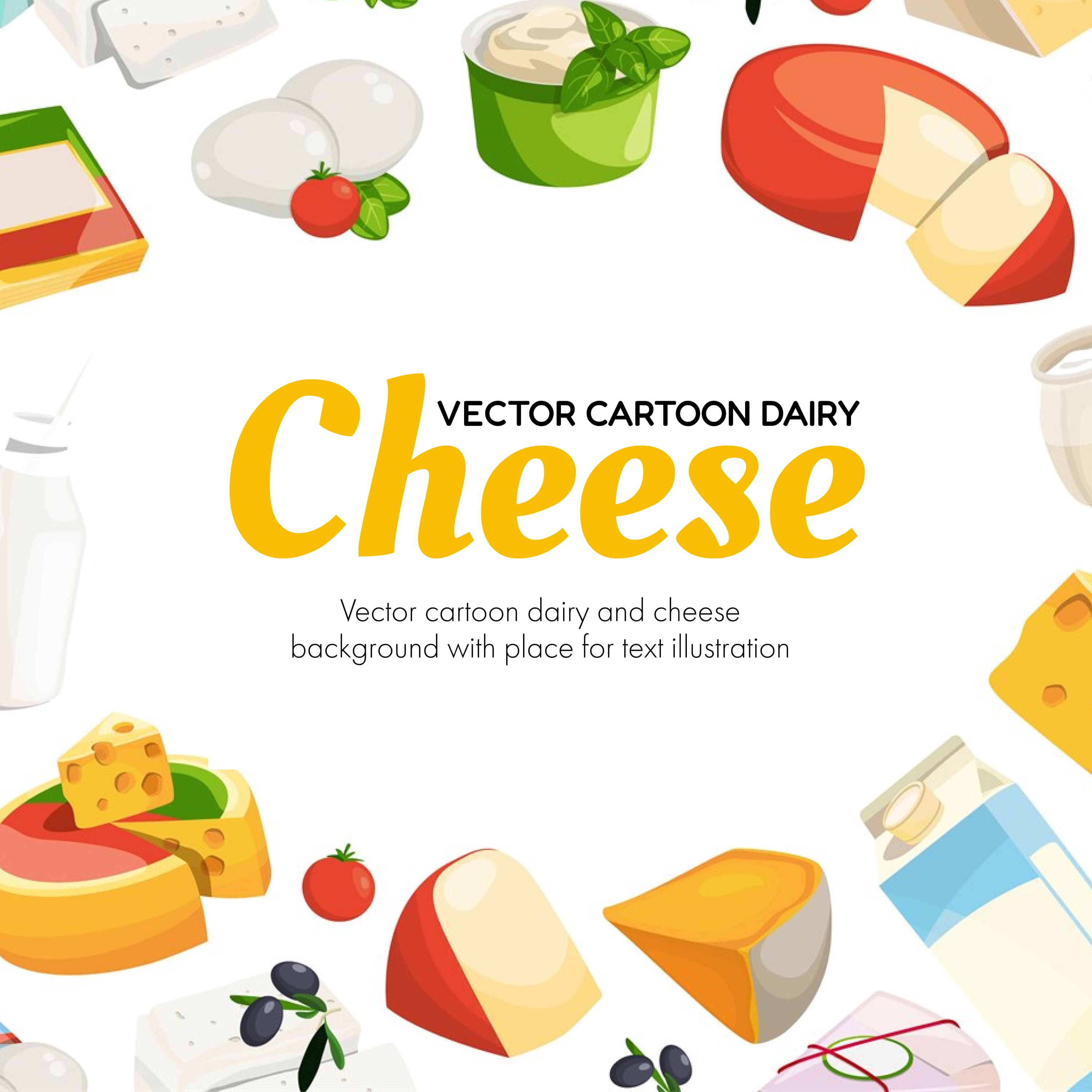 Cover from images of milk and different types of cheese.