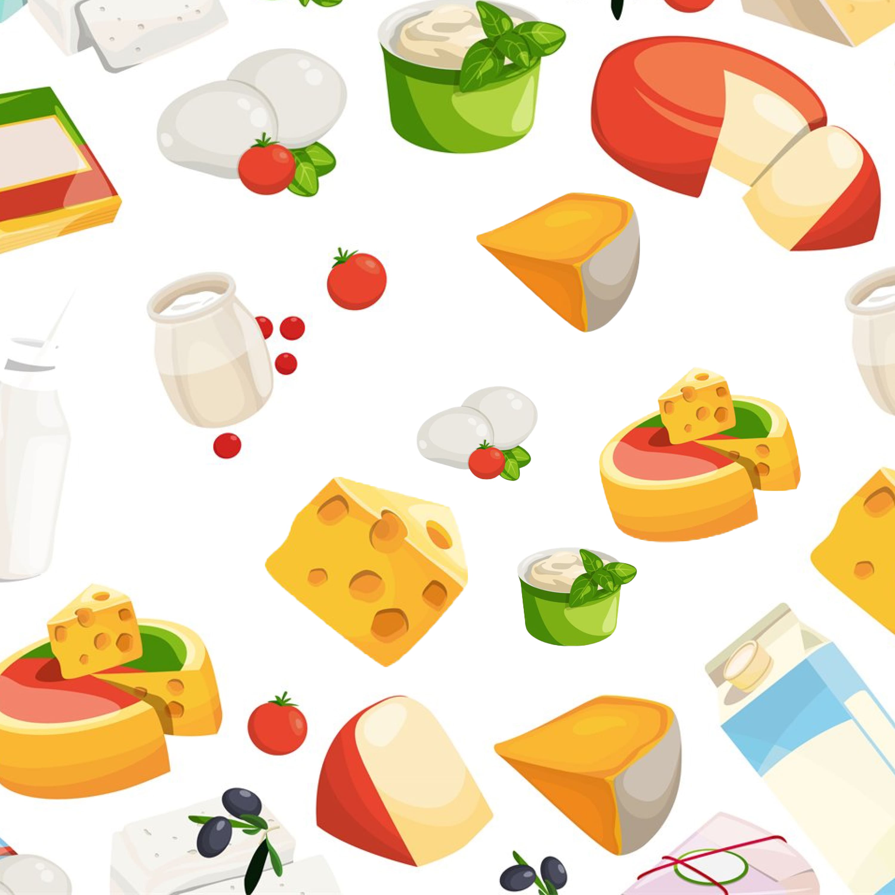 Set of cartoon images of cheese and milk.