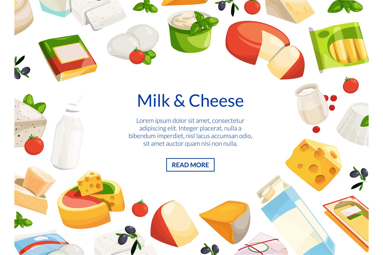 Colorful background image of milk and different types of cheese.