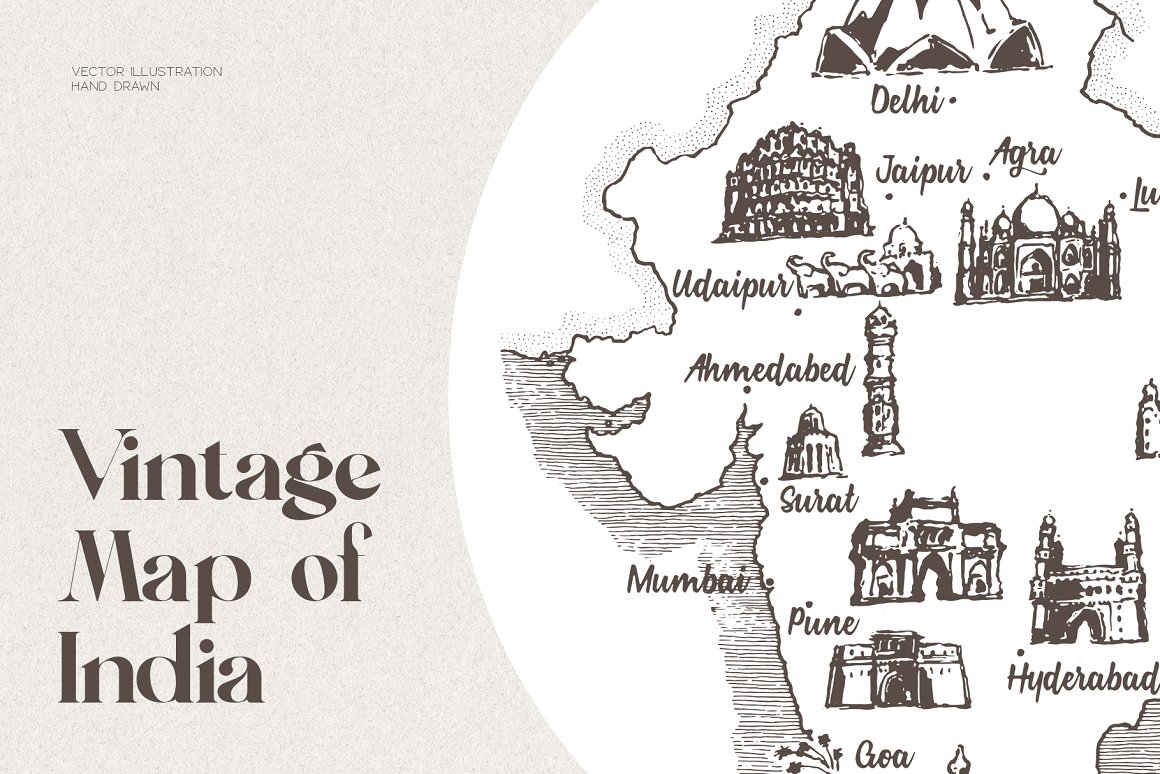 The black lettering "Vintage Map Of India" on a grey background and image of map on a white background.