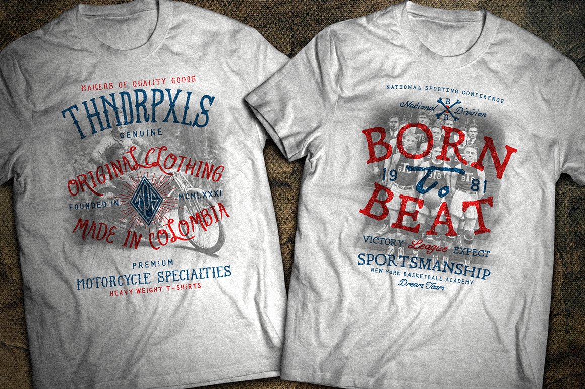 Two t-shirts with red font.