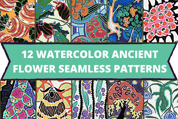 The white lettering "12 Watercolor Ancient Flower Seamless Patterns" on a turquoise background and 10 different watercolor ancient images.