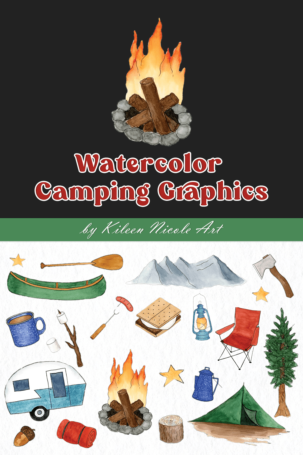Watercolor camping graphics - pinterest image preview.