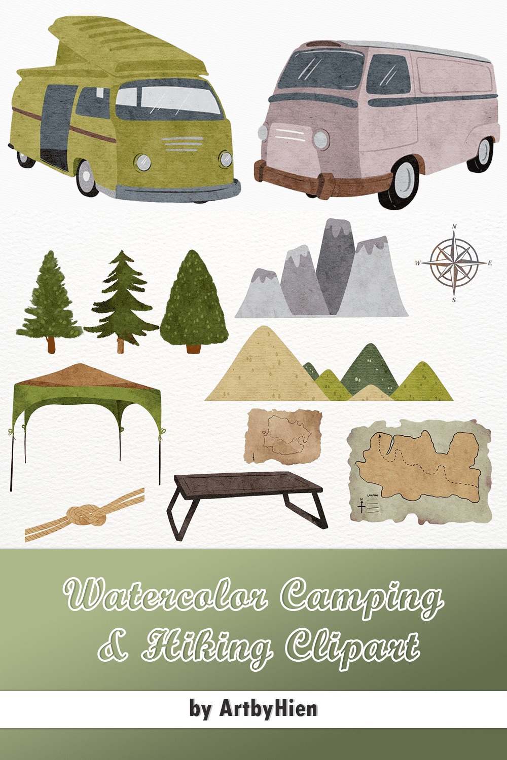 Watercolor camping hiking clipart - pinterest image preview.