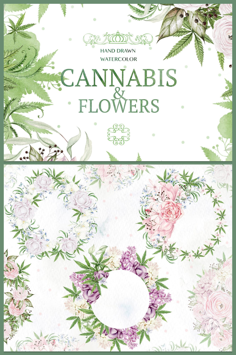 Watercolor Cannabis & Flowers - Pinterest.