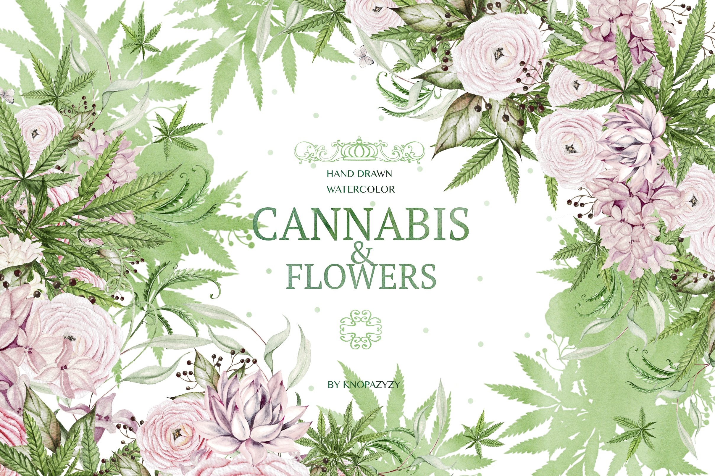 Cannabis & Flowers (Hand drawn watercolor).