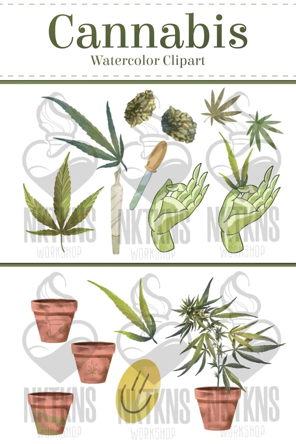 Watercolor cannabis clipart - pinterest image preview.