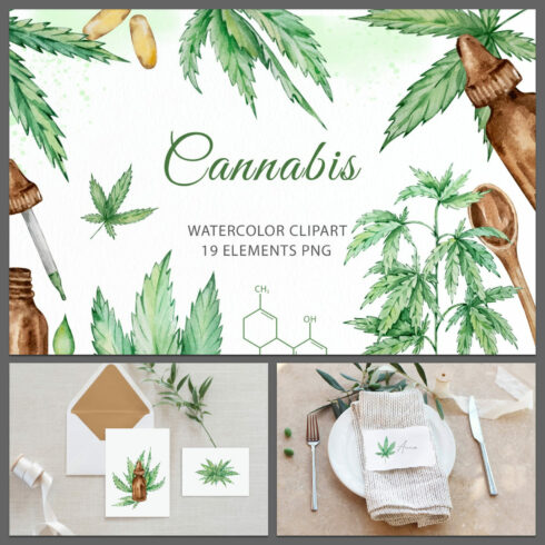 Watercolor cannabis hemp clipart - main image preview.