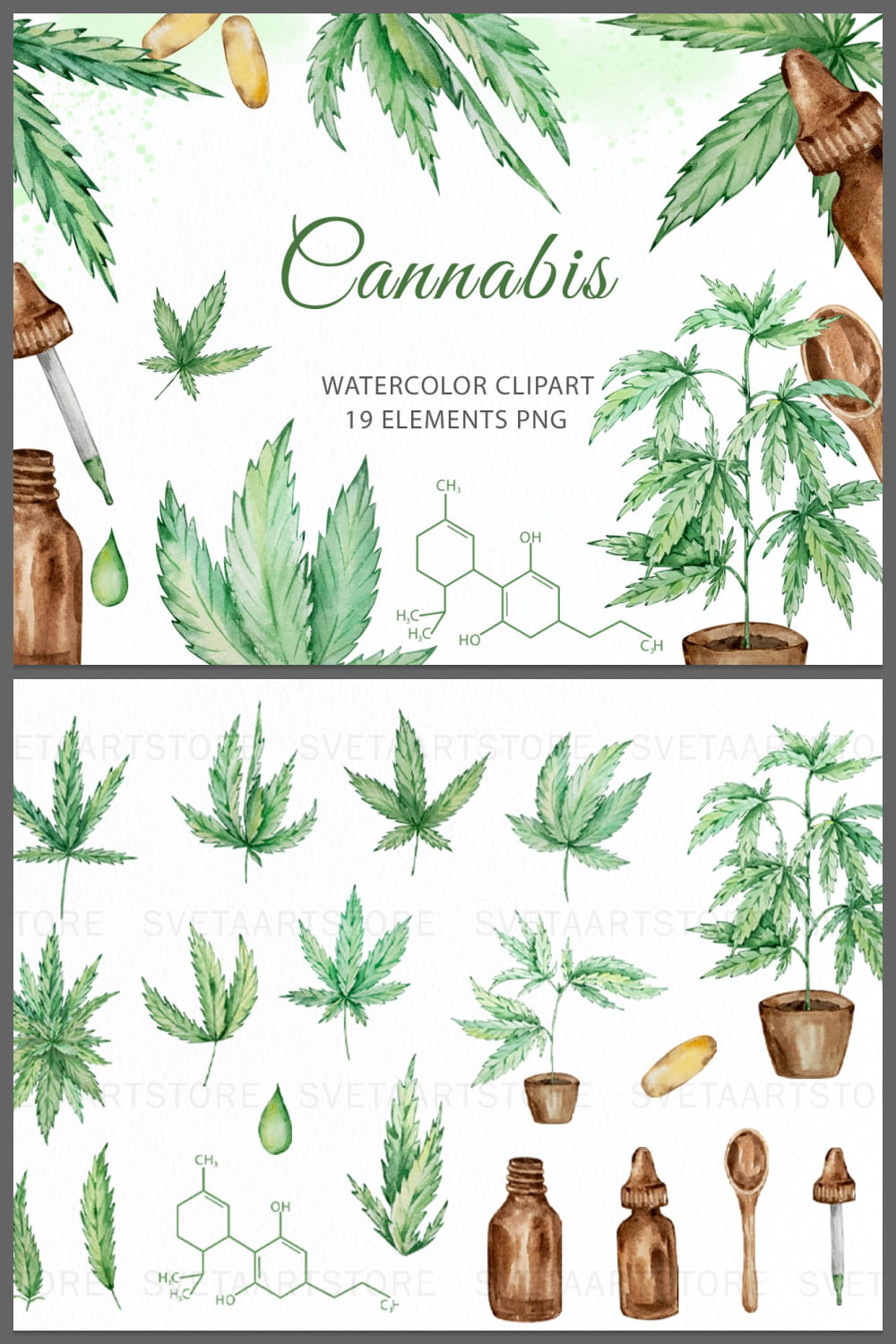 Watercolor cannabis hemp clipart - pinterest image preview.