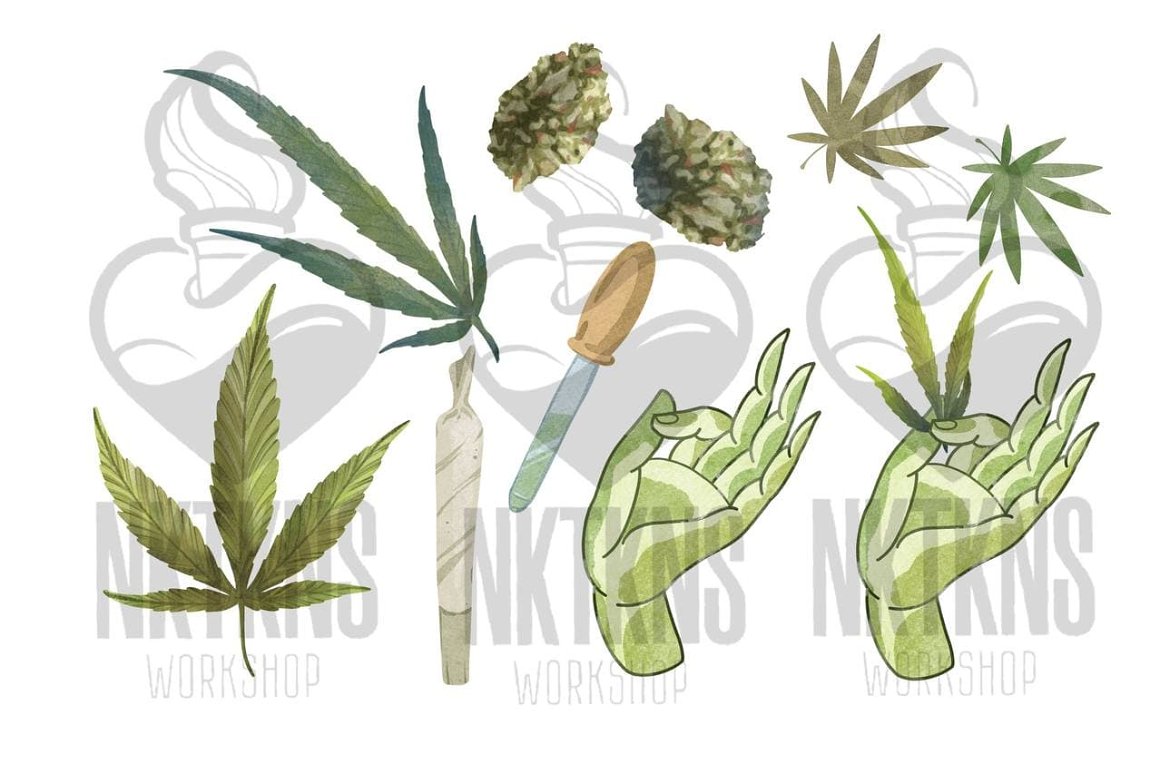 7 different watercolor marijuana leaves, a watercolor pipette and 2 watercolor hands.