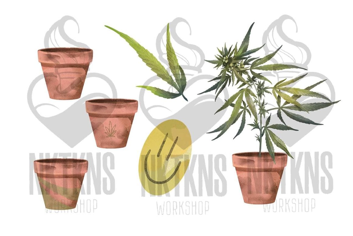 3 watercolor plant pots, a watercolor emoji, a watercolor marijuana leaf and a watercolor potted marijuana plant.