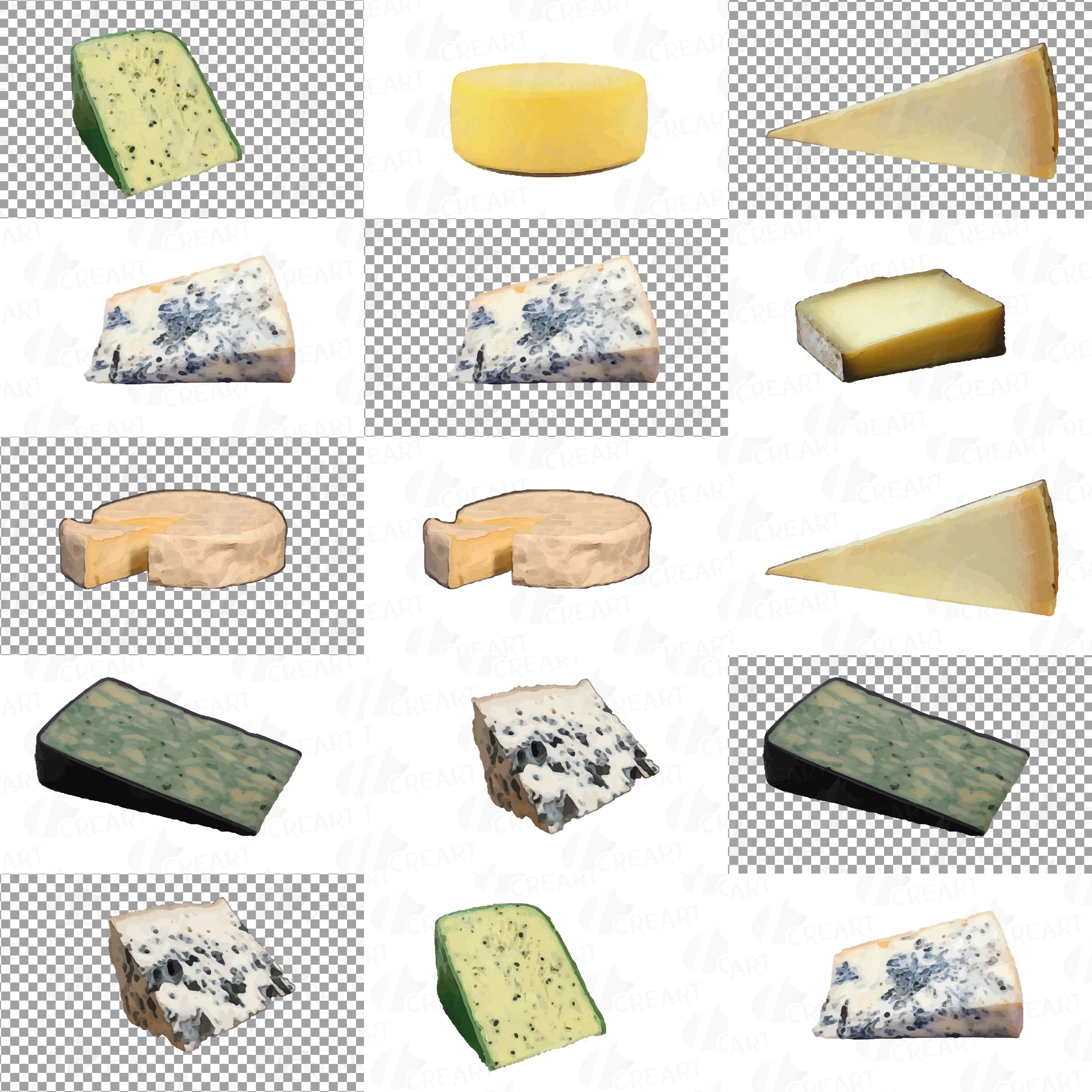 Collection of colorful images of hard cheese.