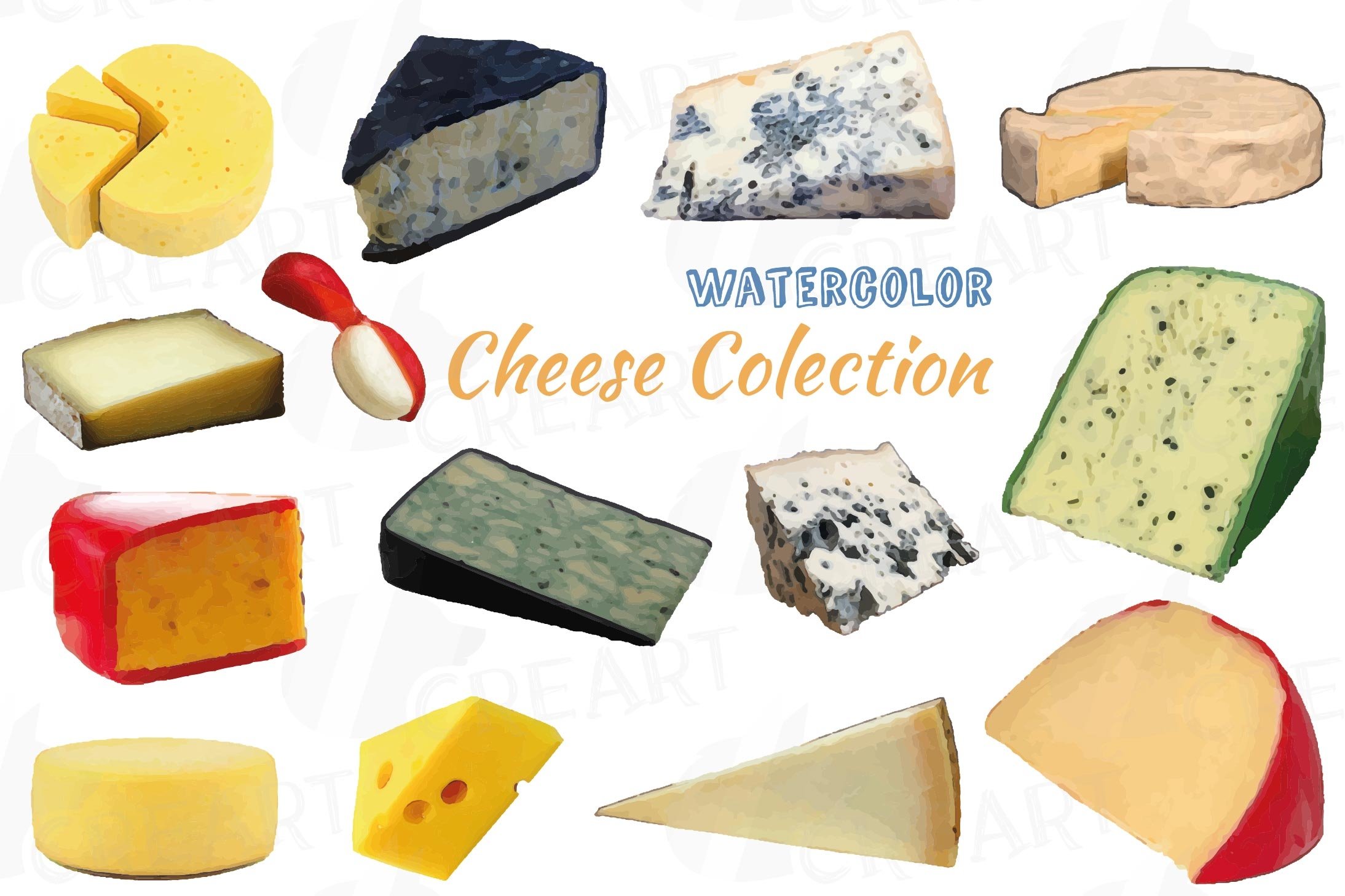 Collection of colorful images of french cheeses isolated on white background.