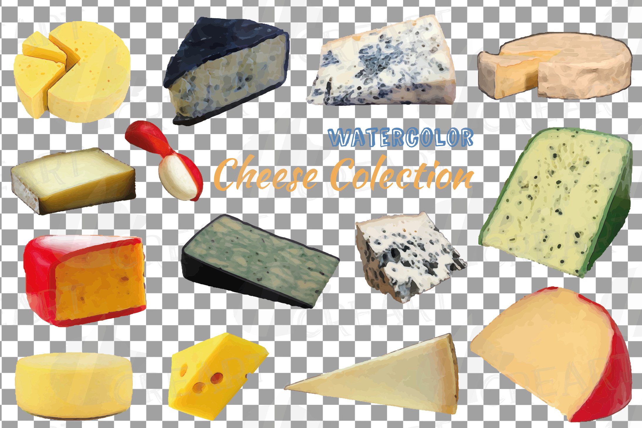 Collection of colorful images of french cheeses on a transparent background.