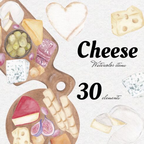 Colorful cover of cheese board and hard cheese.