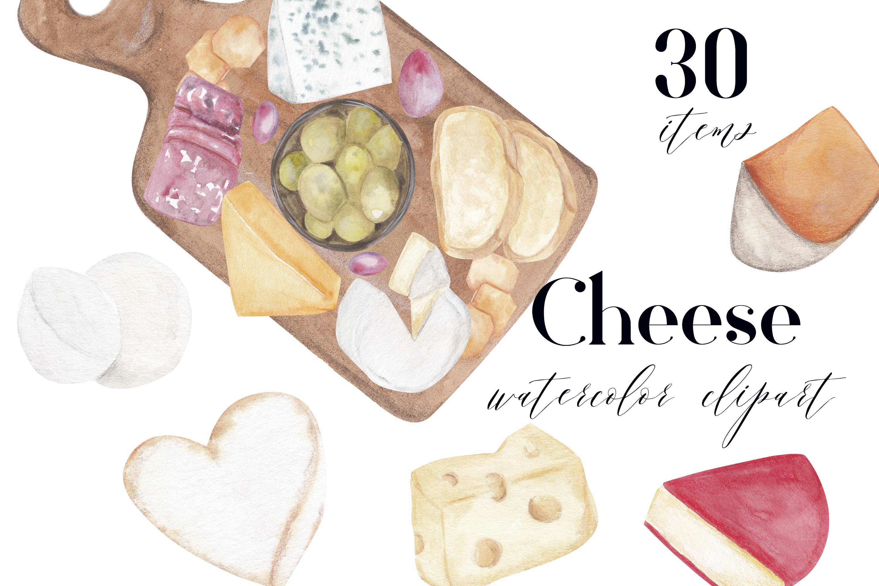 Colorful watercolor images of french cheeses and cheese board.