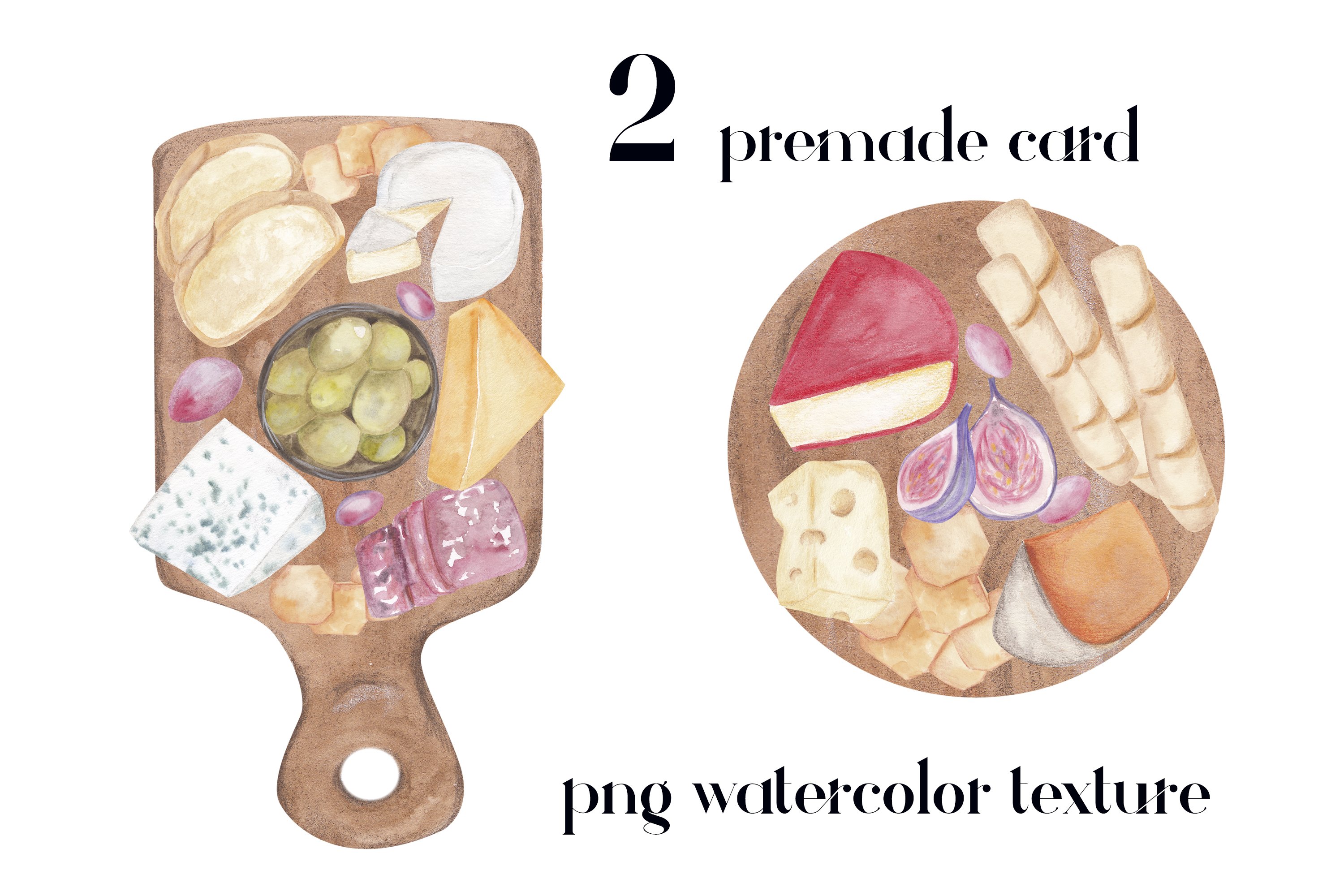Gorgeous watercolor images of a cheese board and a cheese plate.