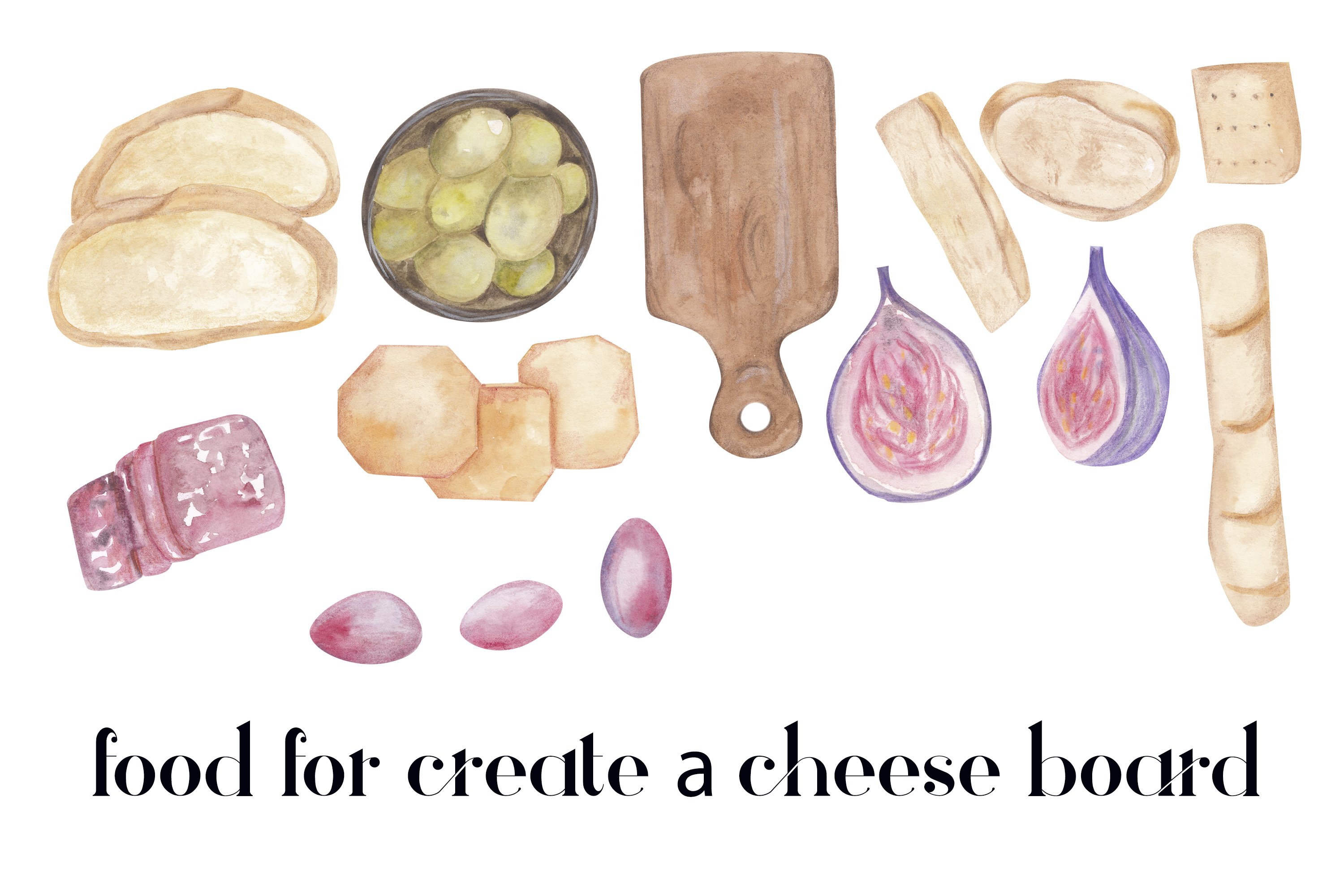 Beautiful watercolor images of hard cheeses and pastries.