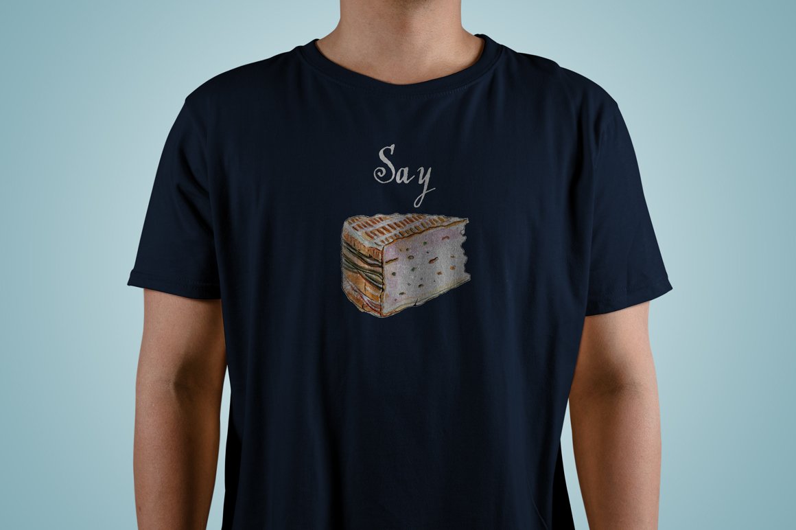 Black T-shirt with charming French cheese print.