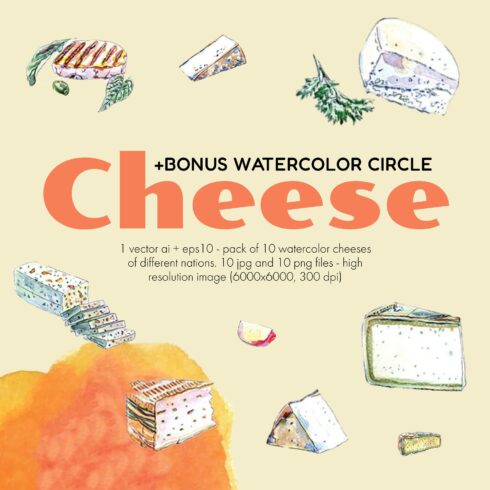 Set of charming images of gourmet cheeses.
