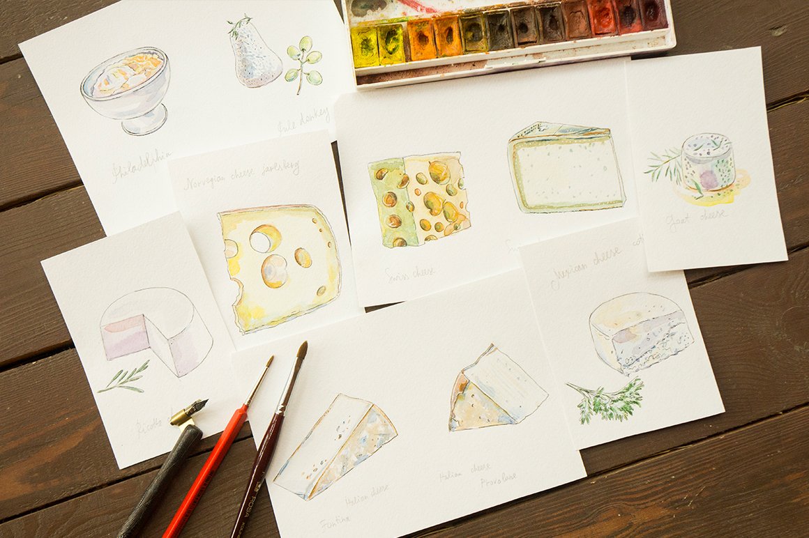 Hand drawn watercolor drawings of swiss cheeses.