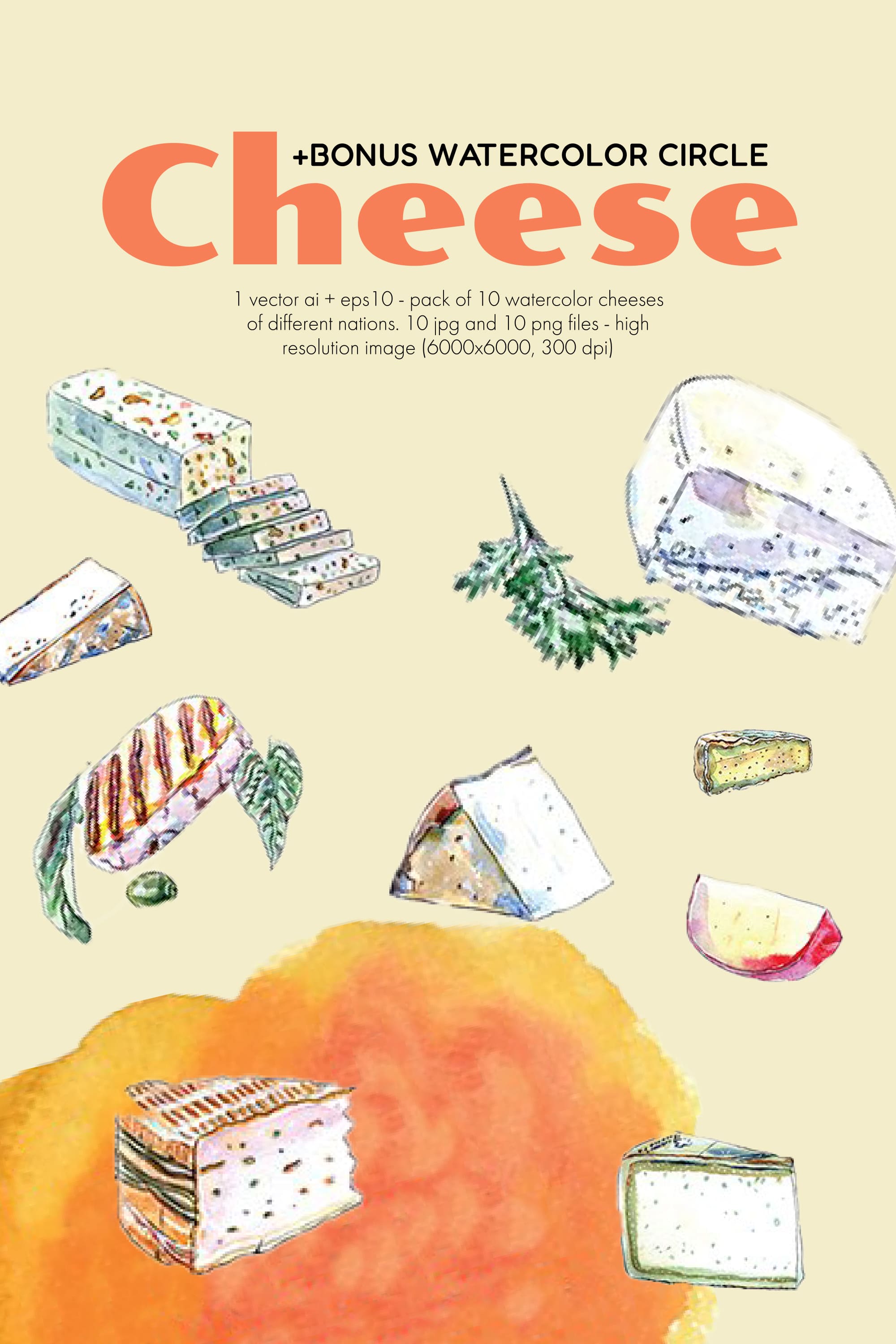 Collection of beautiful images of gourmet cheeses on a bright background.