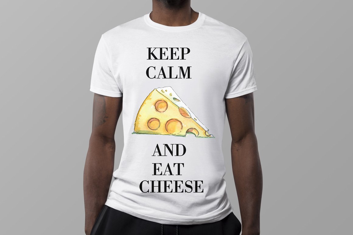 White T-shirt with colorful print image of a piece of cheese.