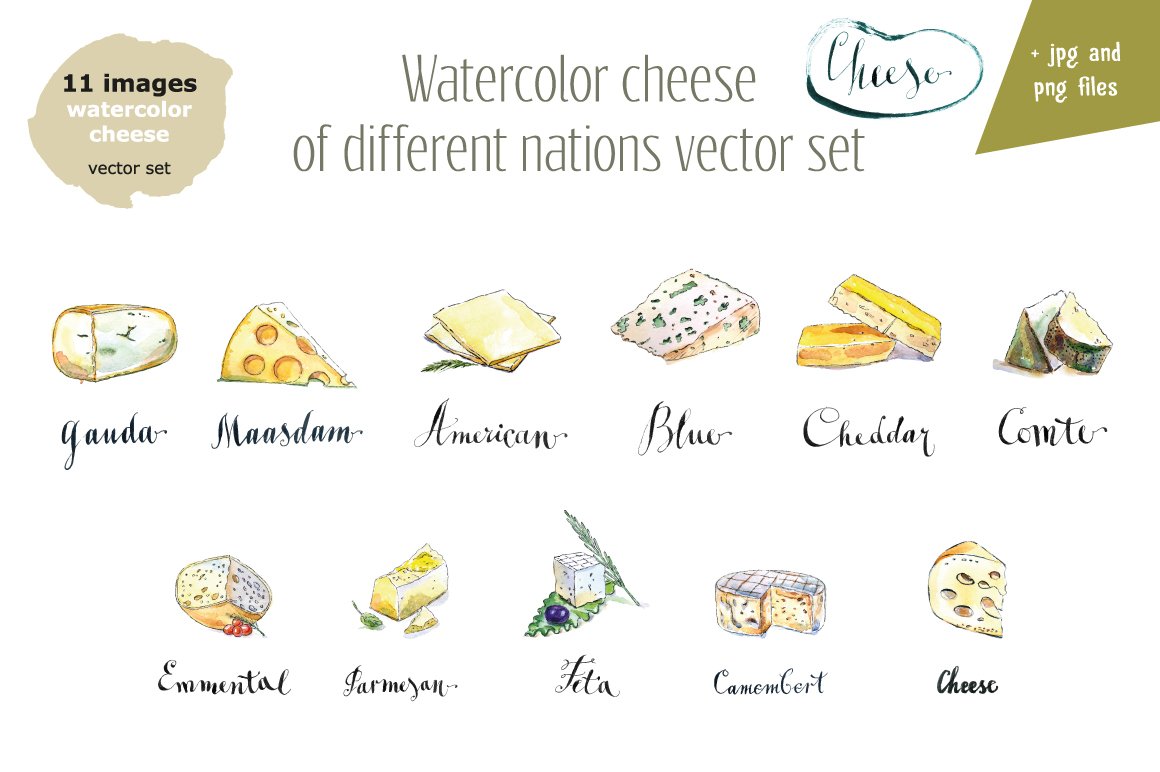 Wonderful watercolor image of different types of cheese.