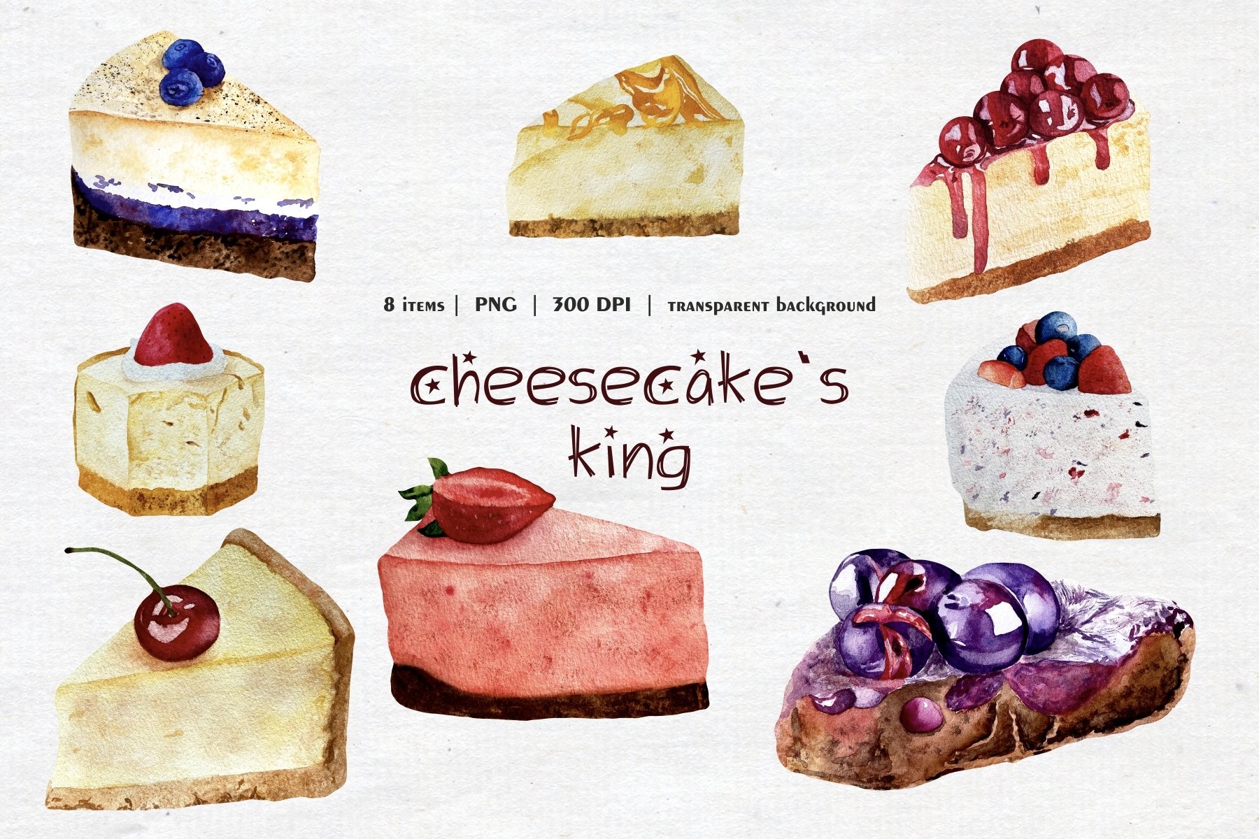 Charming set of images of cheesecakes on a white background.