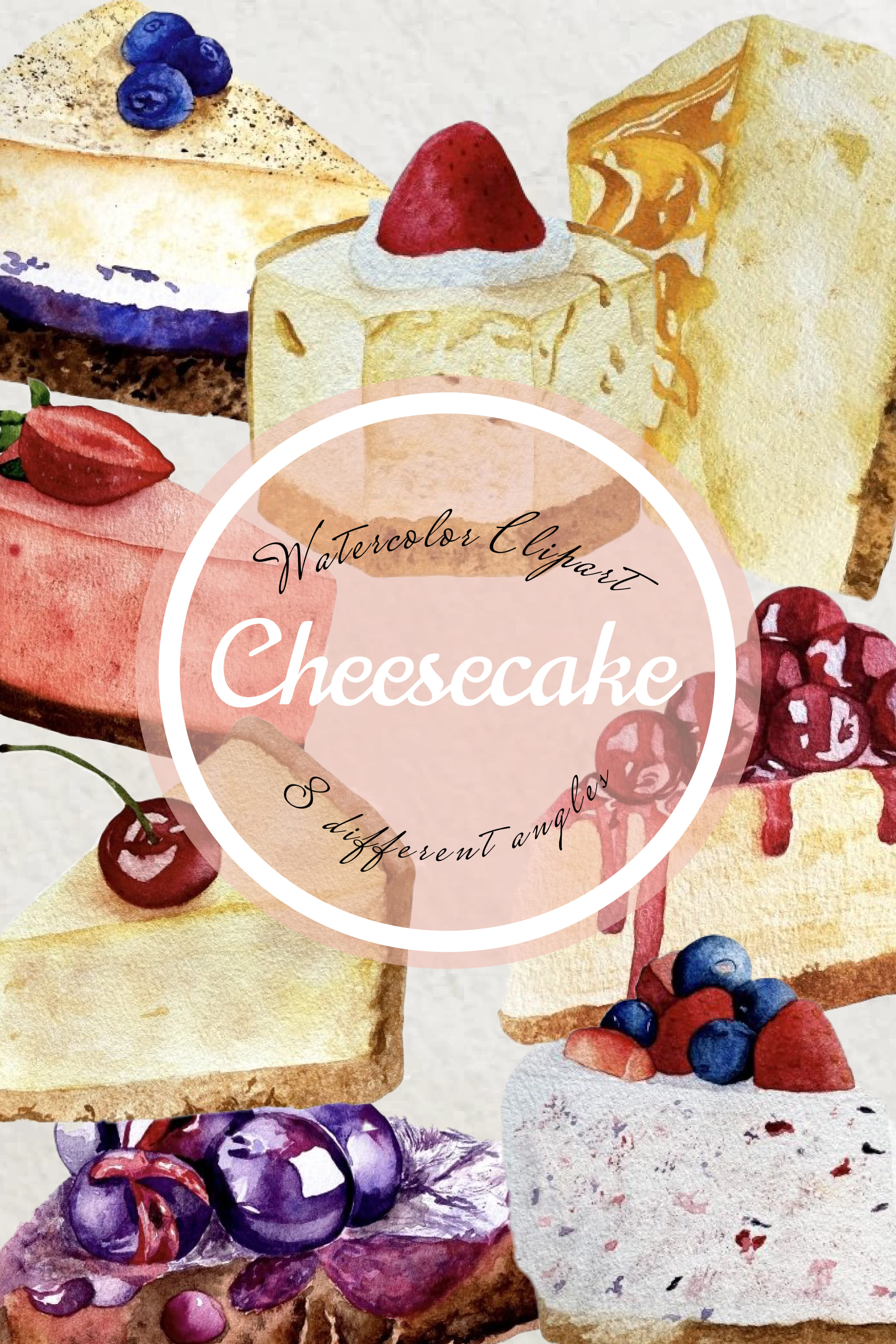 Collection of colorful images of cheesecakes.