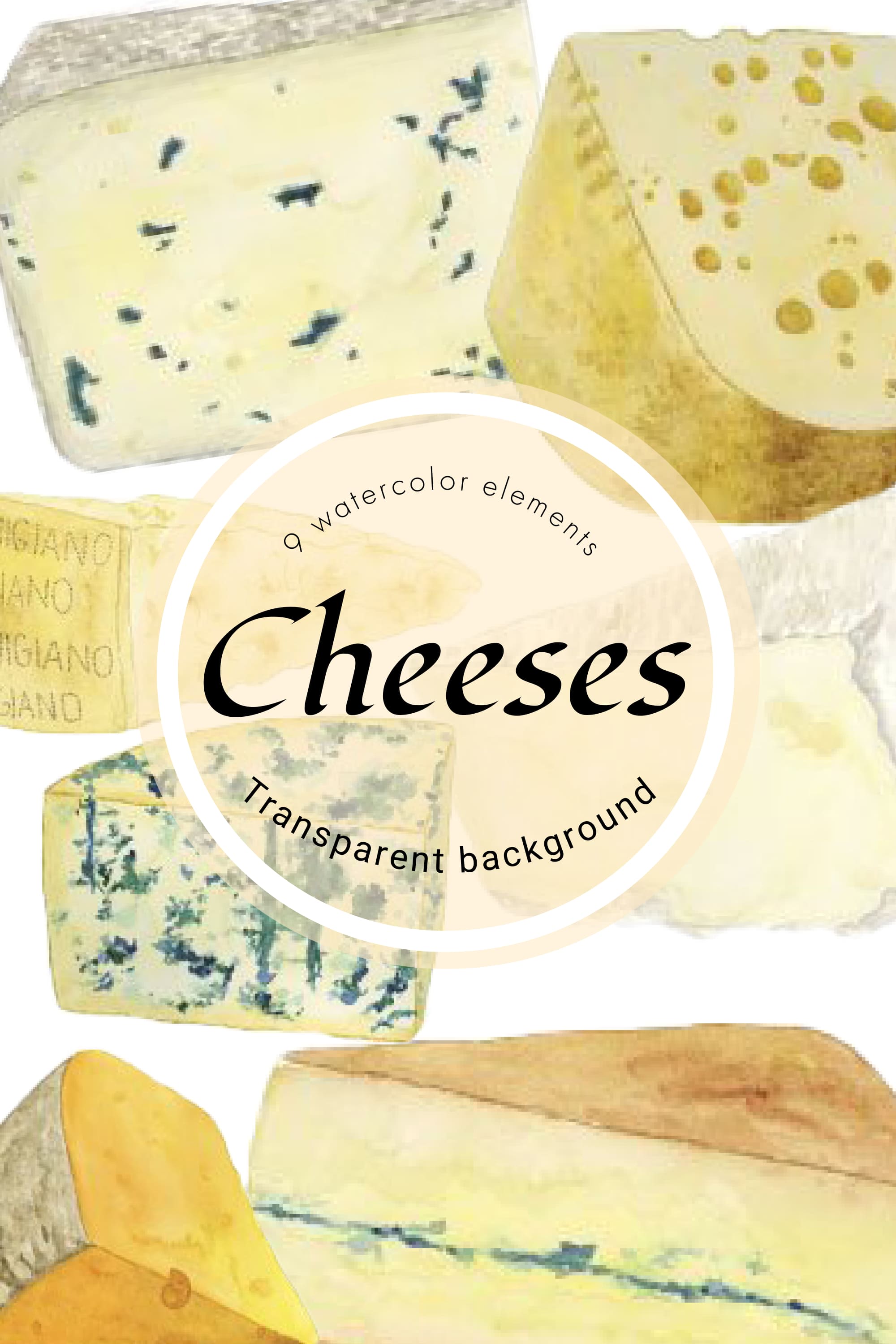 Set of colorful watercolor images of french cheeses.