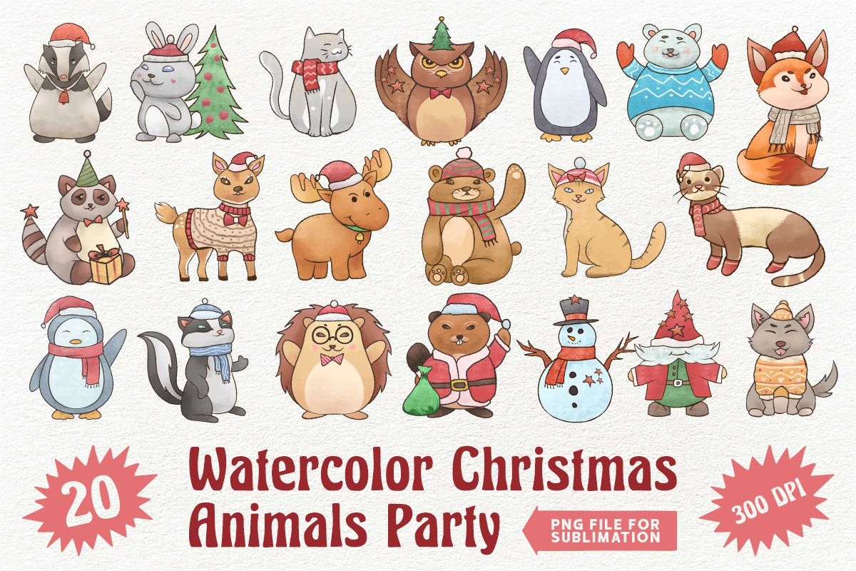 Watercolor Christmas Animals Party PNG Sublimation Clipart facebook image.