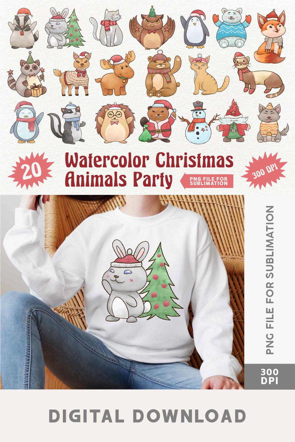 Watercolor Christmas Animals Party PNG Sublimation Clipart pinterest image.