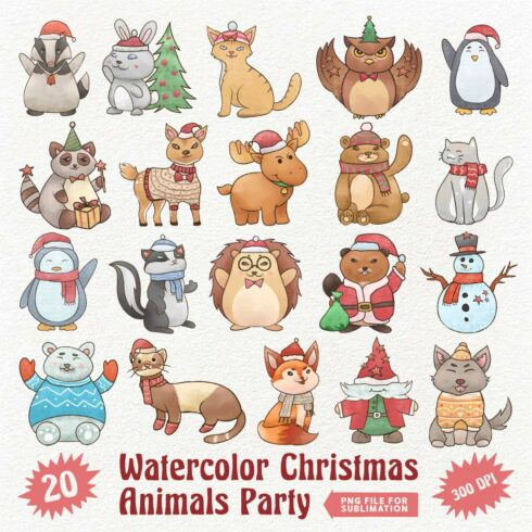 Watercolor Christmas Animals Party PNG Sublimation Clipart cover image.